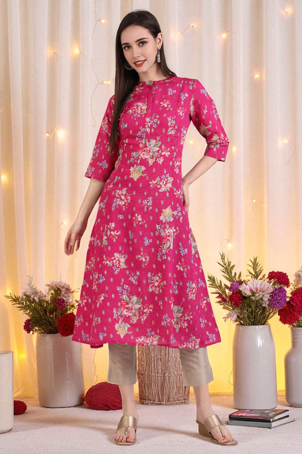 Pink Bold Floral Printed Flared Kurta