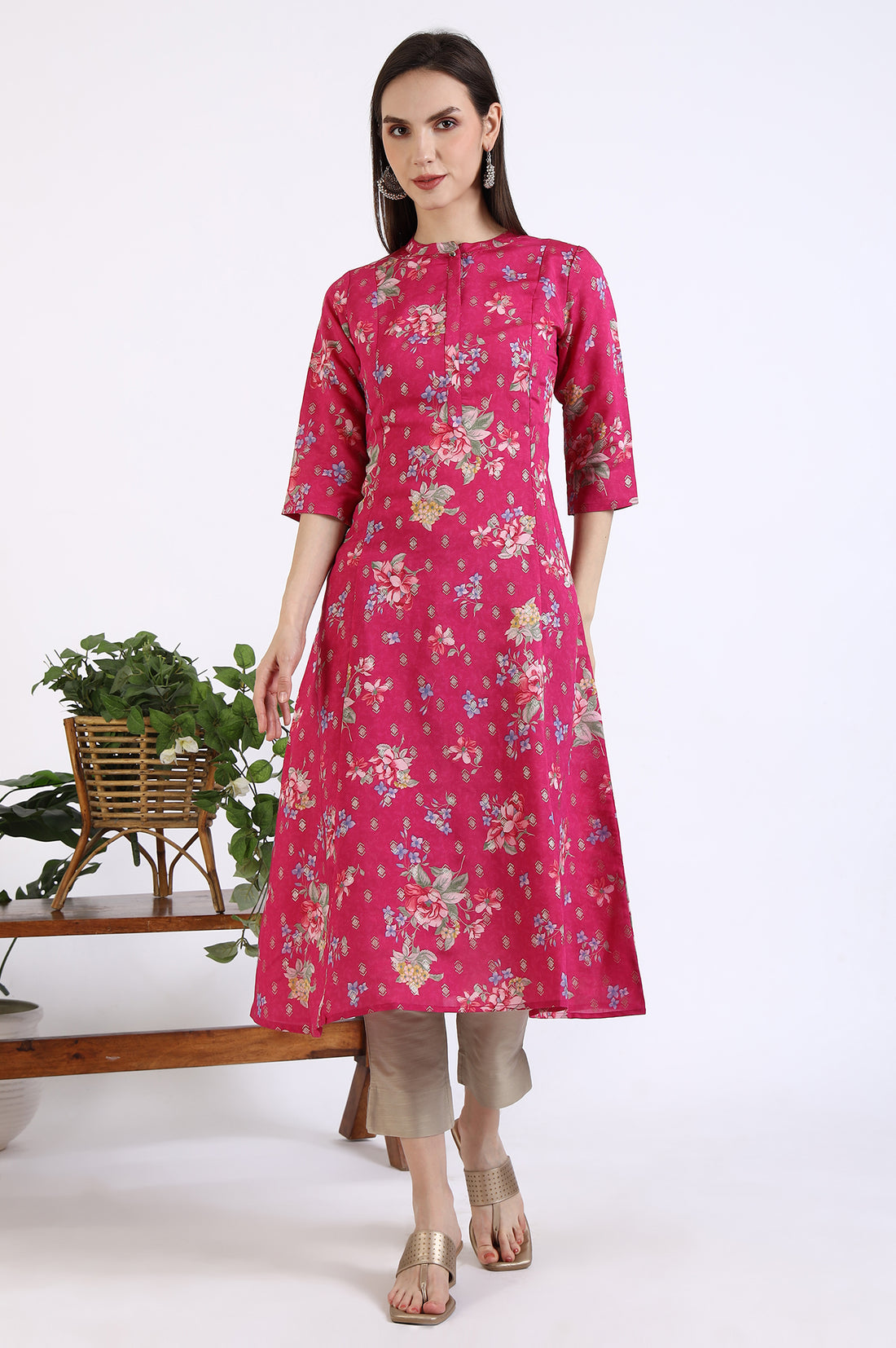 Pink Bold Floral Printed Flared Kurta