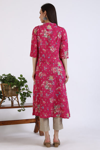 Pink Bold Floral Printed Flared Kurta
