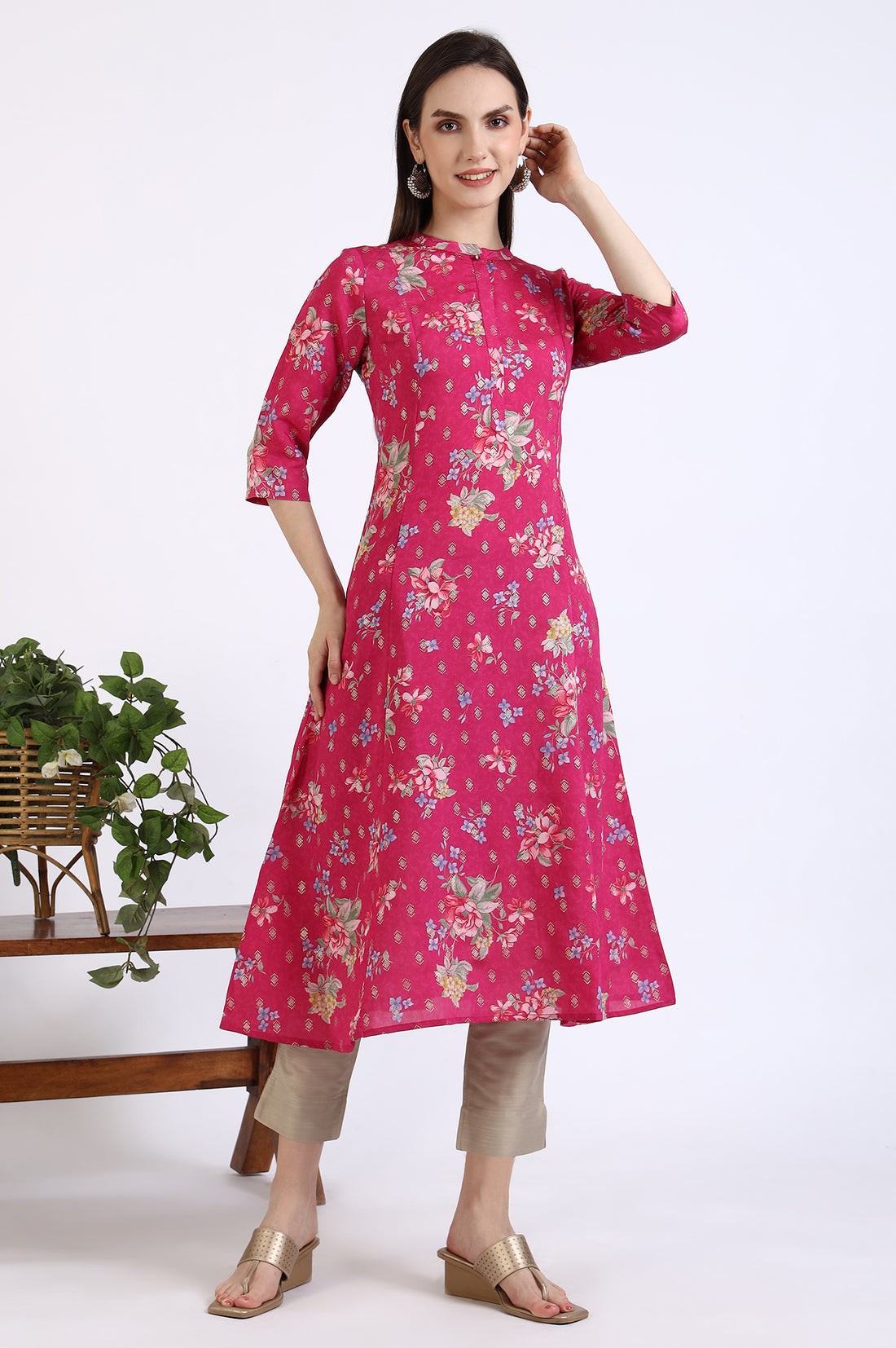 Pink Bold Floral Printed Flared Kurta