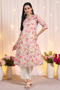 Beige Digital and Foil Floral Printed Sheer A-line Kota Kurta