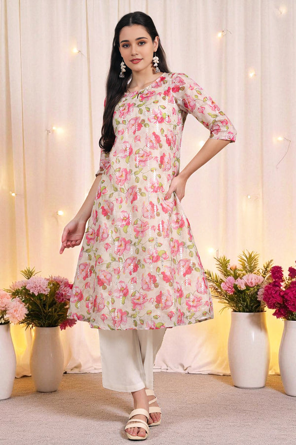 Beige Digital and Foil Floral Printed Sheer A-line Kota Kurta