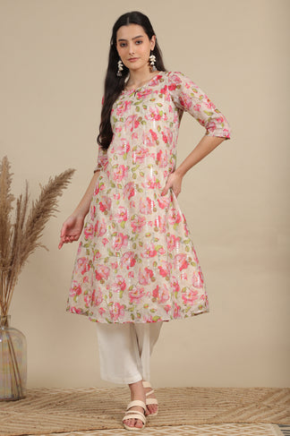 Women Printed Beige Sleeveless Round Neck Cotton A-Line Kurta main image 1