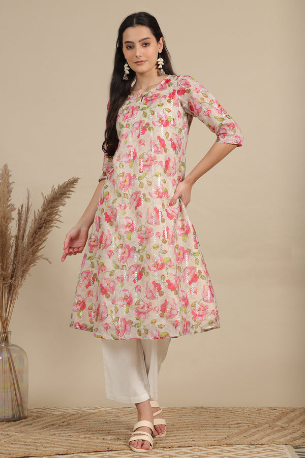 Beige Digital and Foil Floral Printed Sheer A-line Kota Kurta