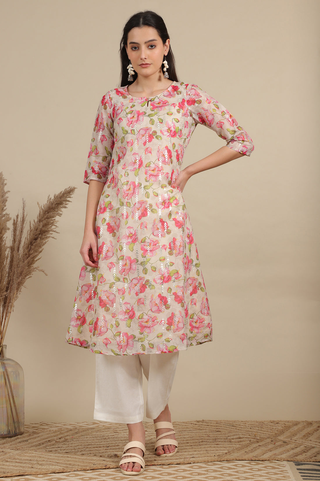 Beige Digital and Foil Floral Printed Sheer A-line Kota Kurta