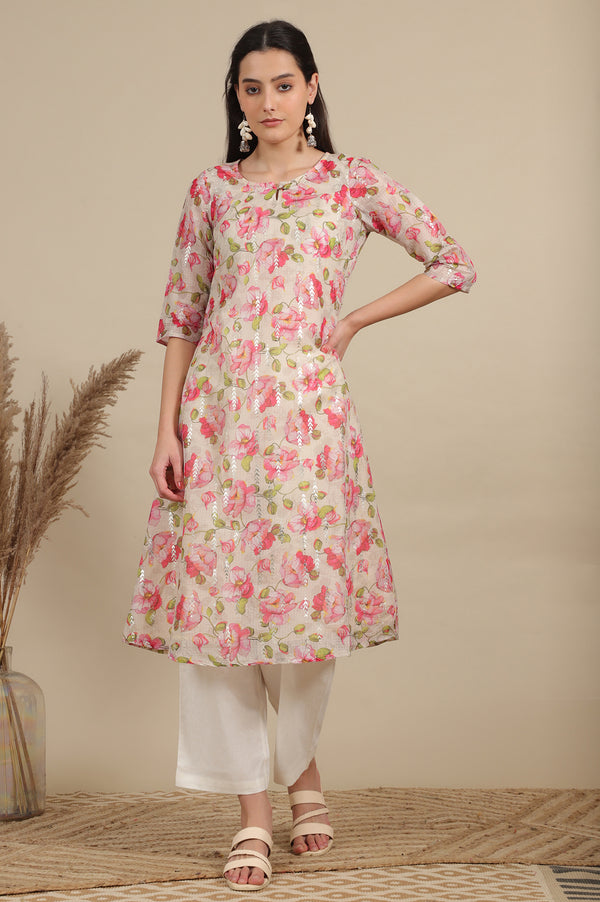 Beige Digital and Foil Floral Printed Sheer A-line Kota Kurta