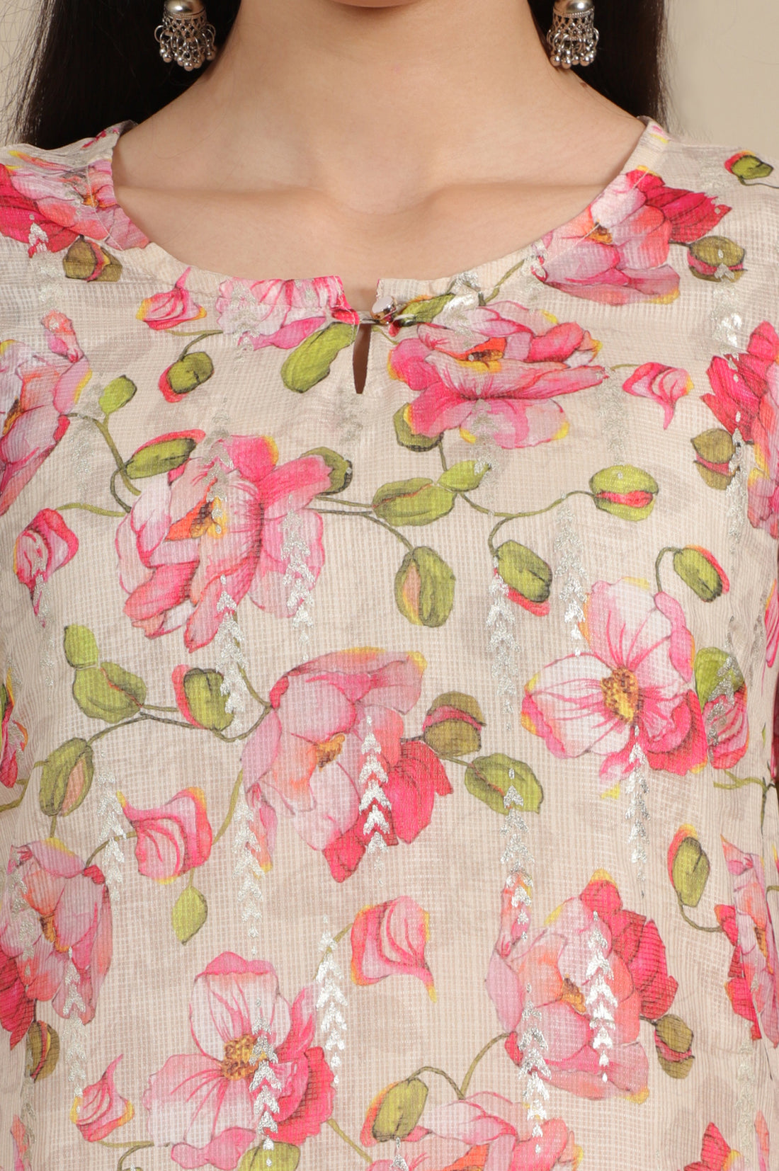 Beige Digital and Foil Floral Printed Sheer A-line Kota Kurta