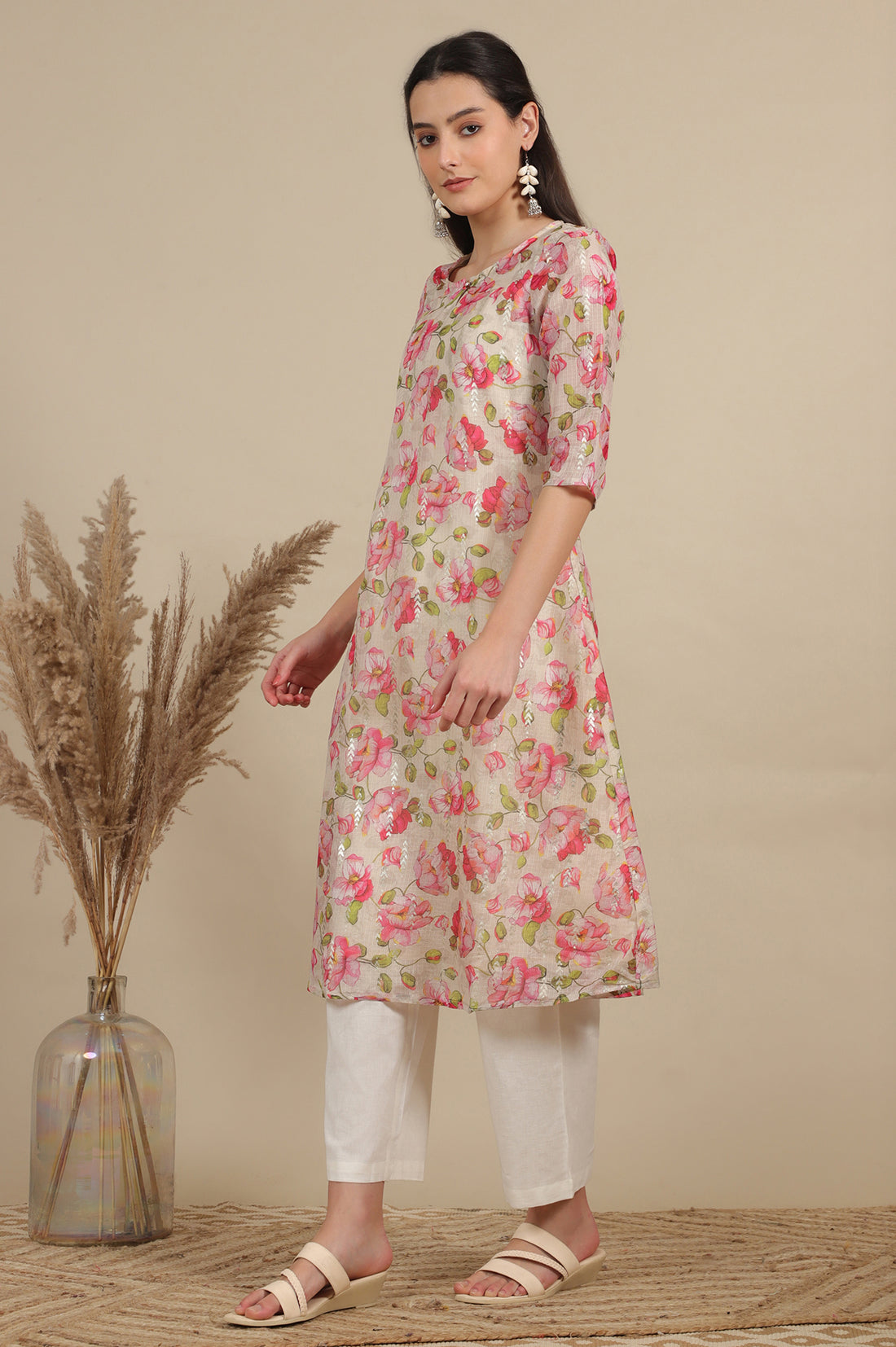 Beige Digital and Foil Floral Printed Sheer A-line Kota Kurta