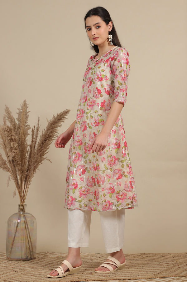 Beige Digital and Foil Floral Printed Sheer A-line Kota Kurta