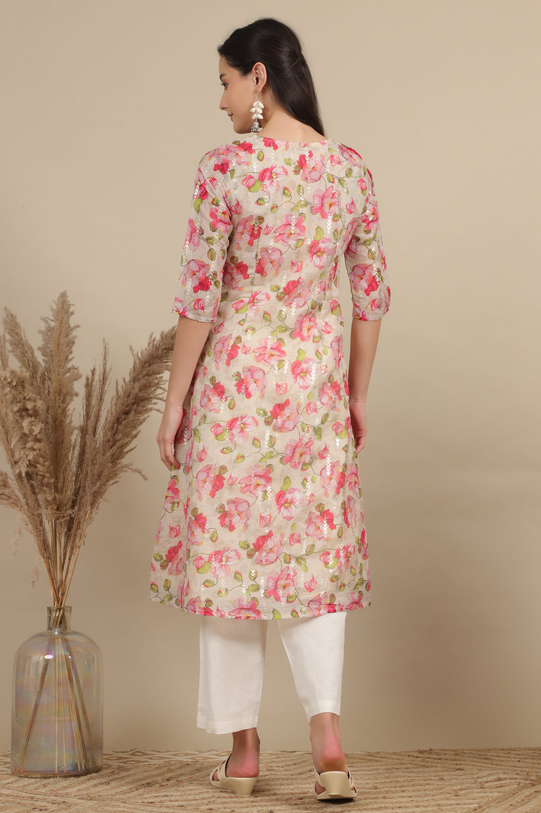 Beige Digital and Foil Floral Printed Sheer A-line Kota Kurta