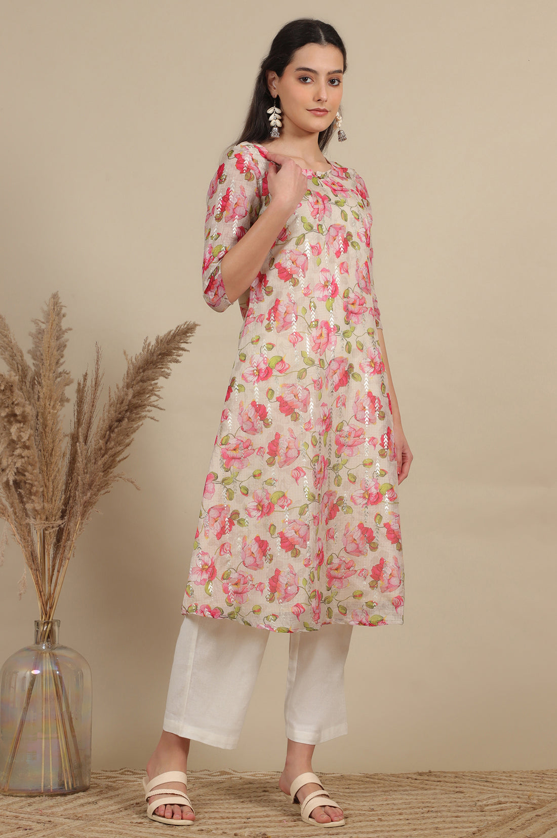 Beige Digital and Foil Floral Printed Sheer A-line Kota Kurta