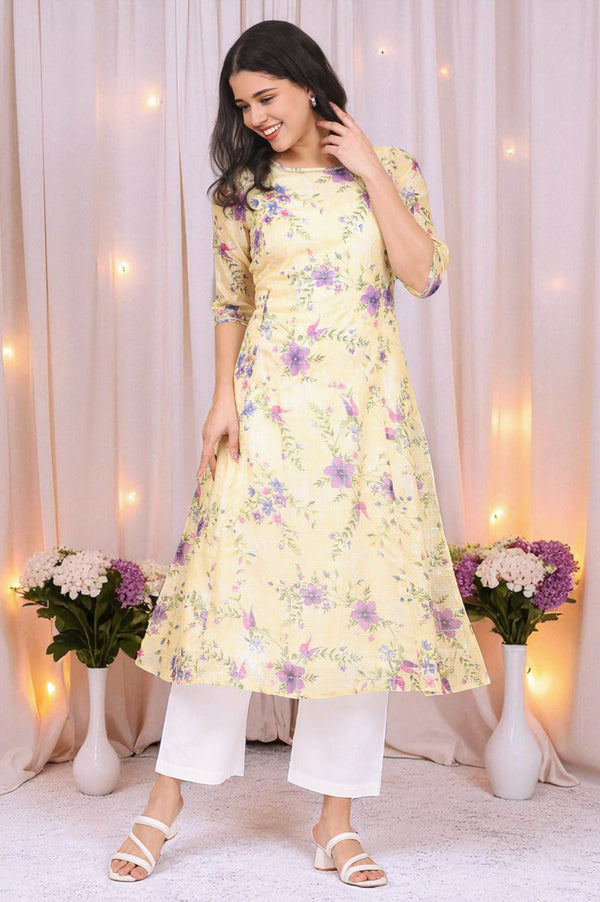 Yellow Floral Printed A-line Kota Kurta in Boat Neck