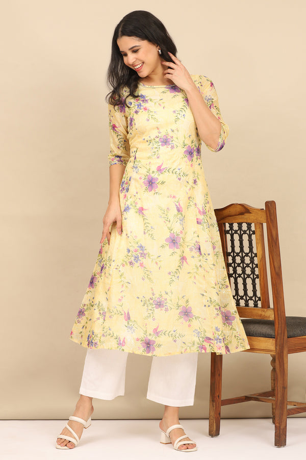 Yellow Floral Printed A-line Kota Kurta in Boat Neck
