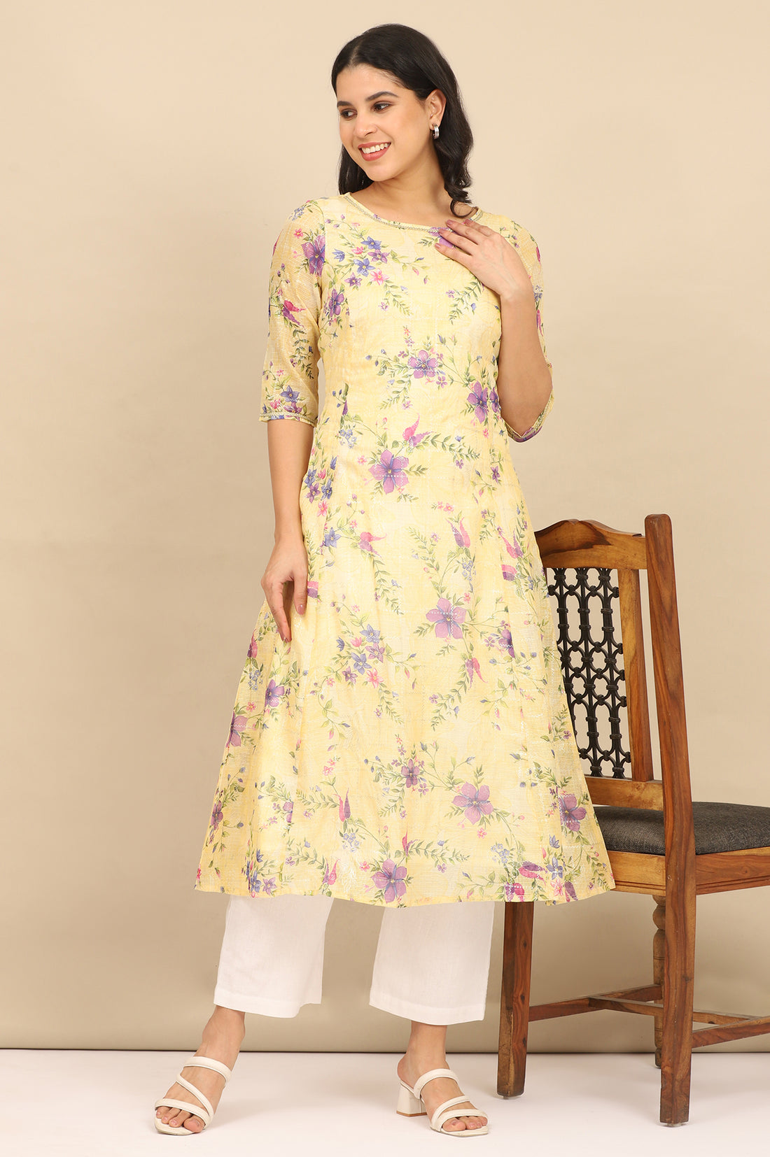 Yellow Floral Printed A-line Kota Kurta in Boat Neck