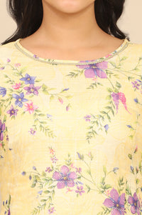 Yellow Floral Printed A-line Kota Kurta in Boat Neck
