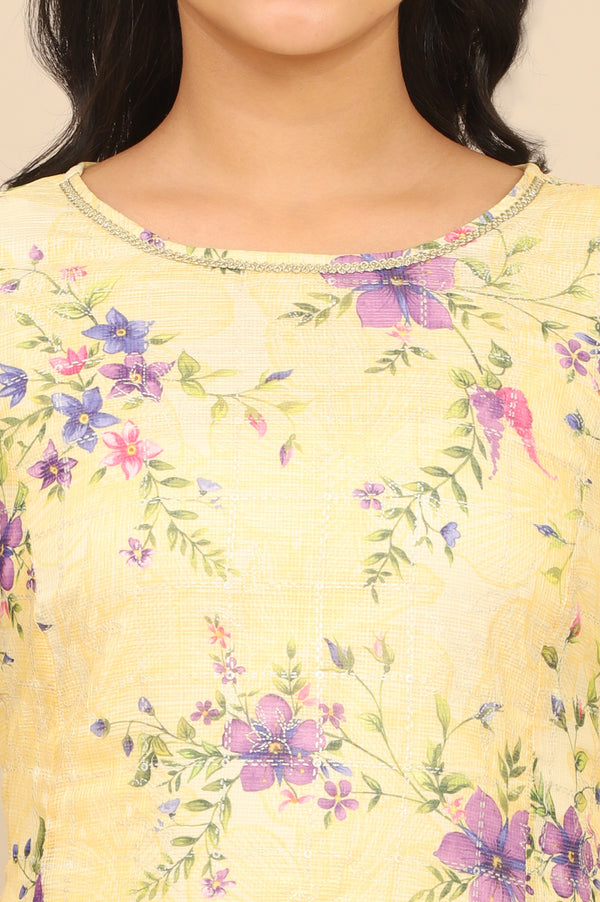 Yellow Floral Printed A-line Kota Kurta in Boat Neck