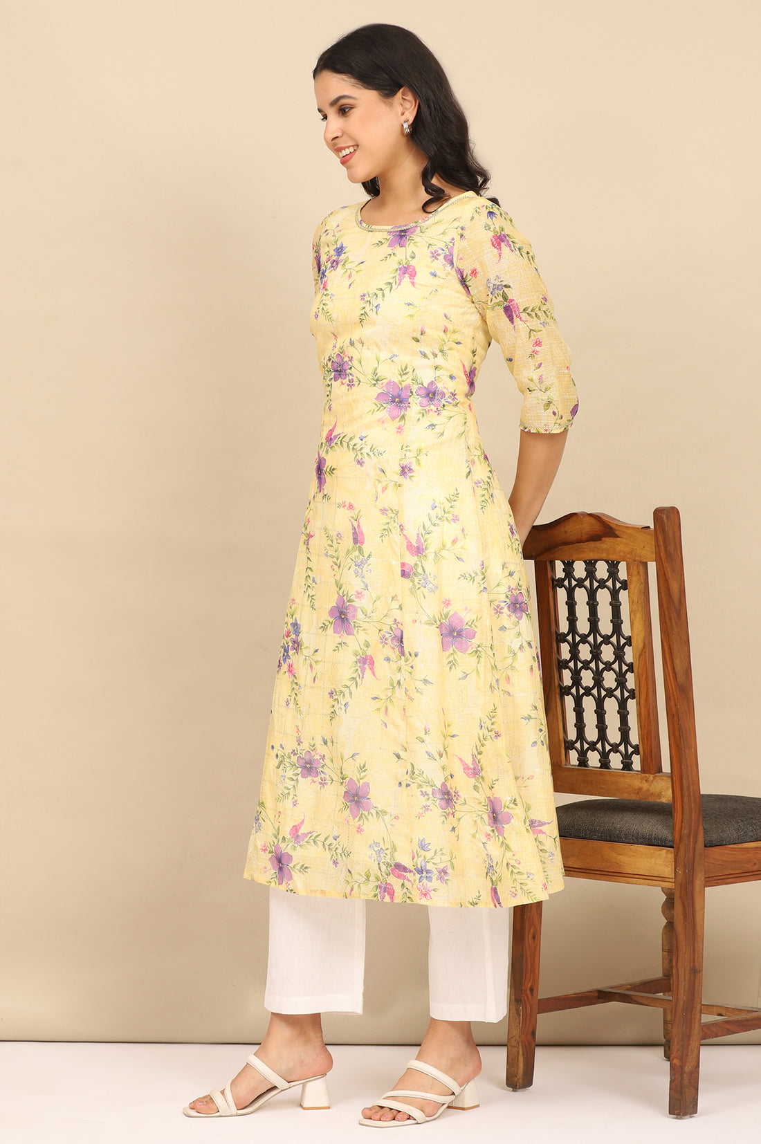 Yellow Floral Printed A-line Kota Kurta in Boat Neck