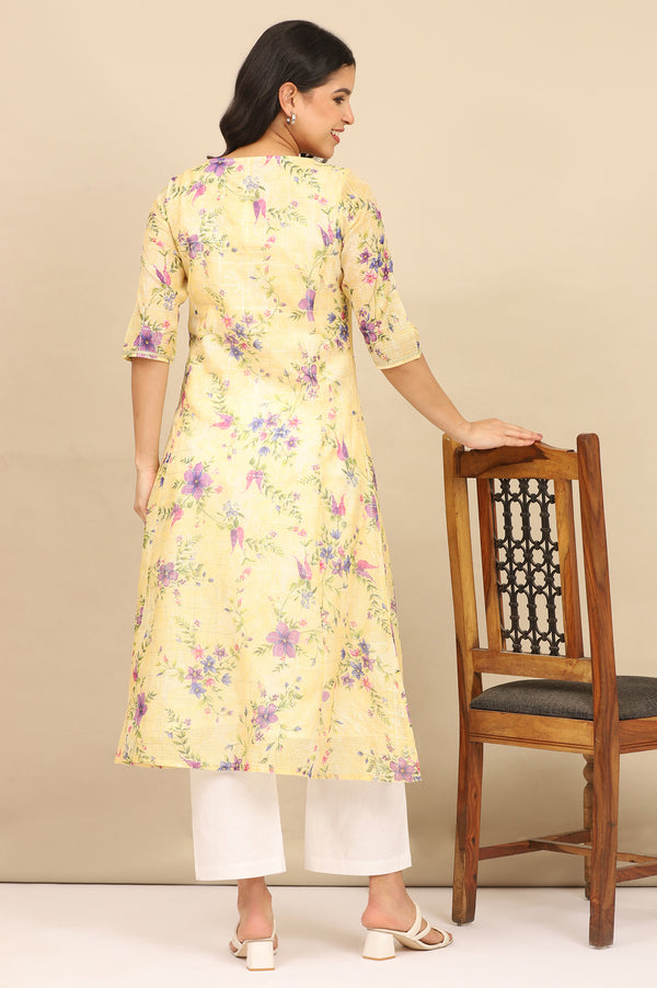 Yellow Floral Printed A-line Kota Kurta in Boat Neck