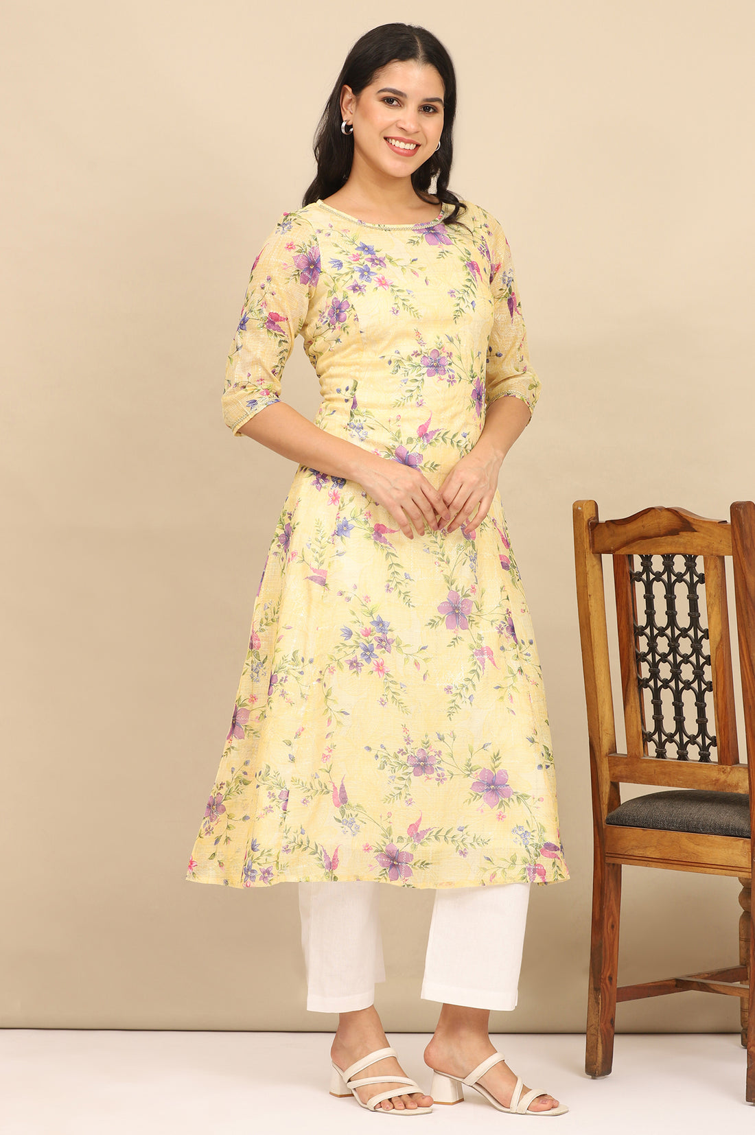 Yellow Floral Printed A-line Kota Kurta in Boat Neck