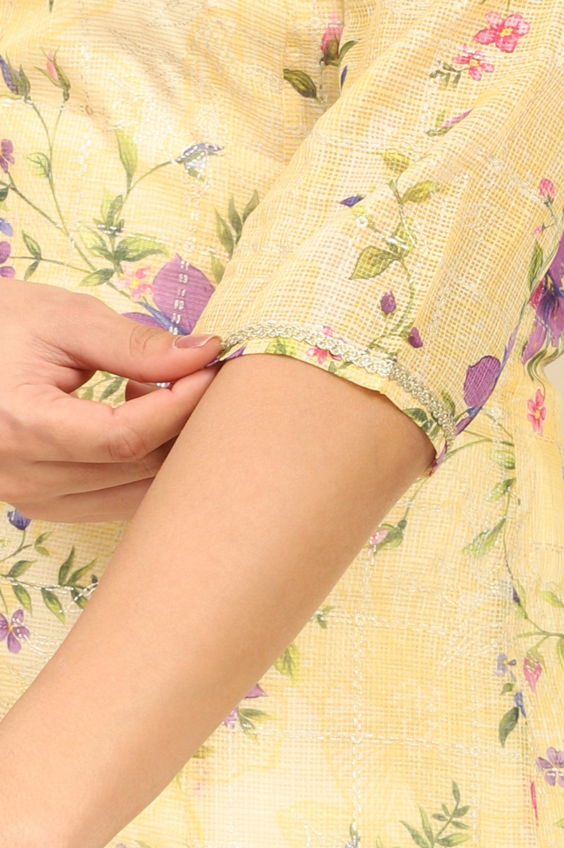 Yellow Floral Printed A-line Kota Kurta in Boat Neck