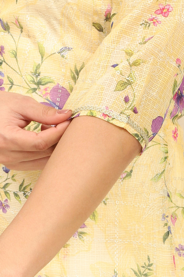 Yellow Floral Printed A-line Kota Kurta in Boat Neck