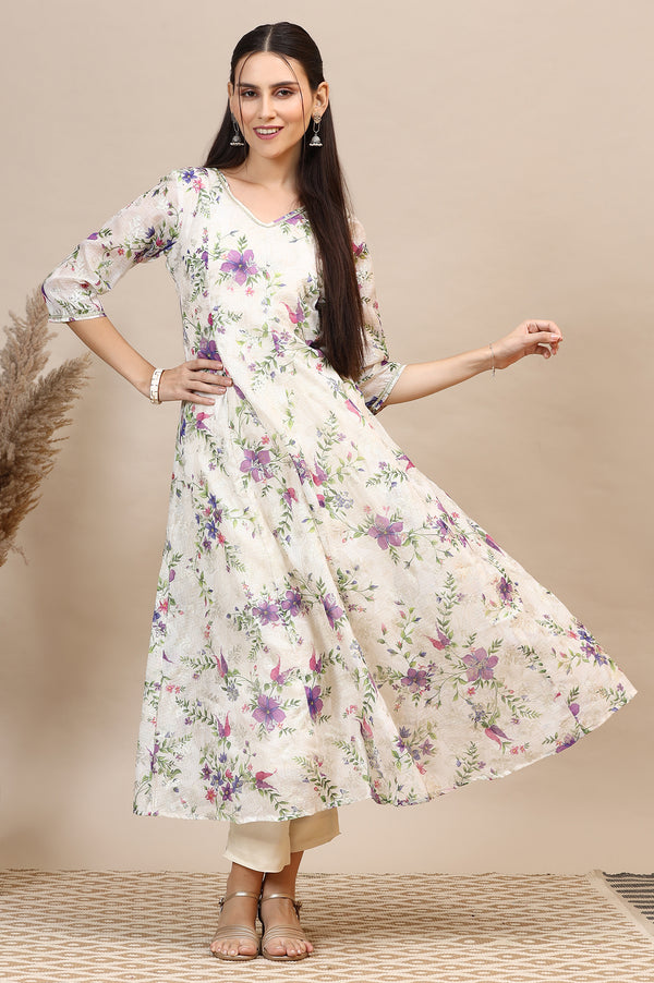 Cream Floral Printed Kota Anarkali Kurta with Lace