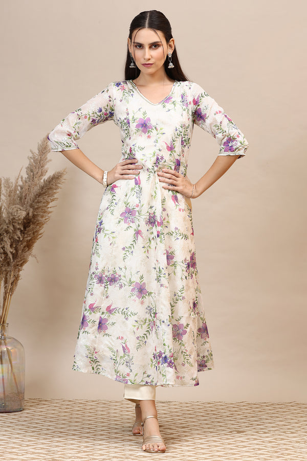 Cream Floral Printed Kota Anarkali Kurta with Lace