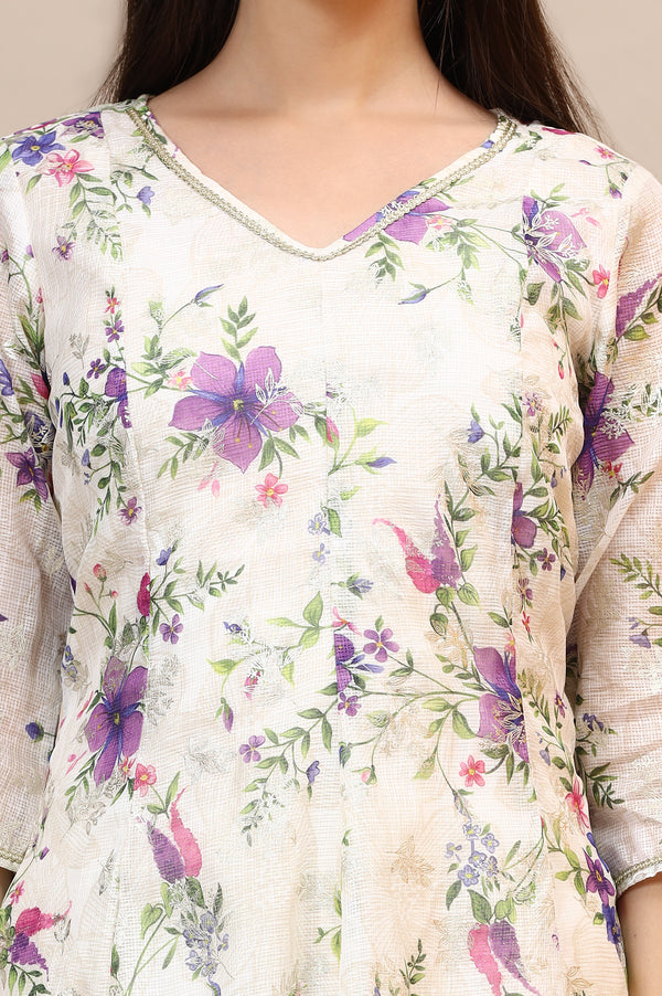 Cream Floral Printed Kota Anarkali Kurta with Lace