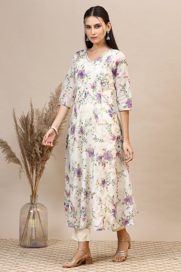 Cream Floral Printed Kota Anarkali Kurta with Lace