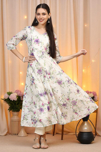 Cream Floral Printed Kota Anarkali Kurta with Lace
