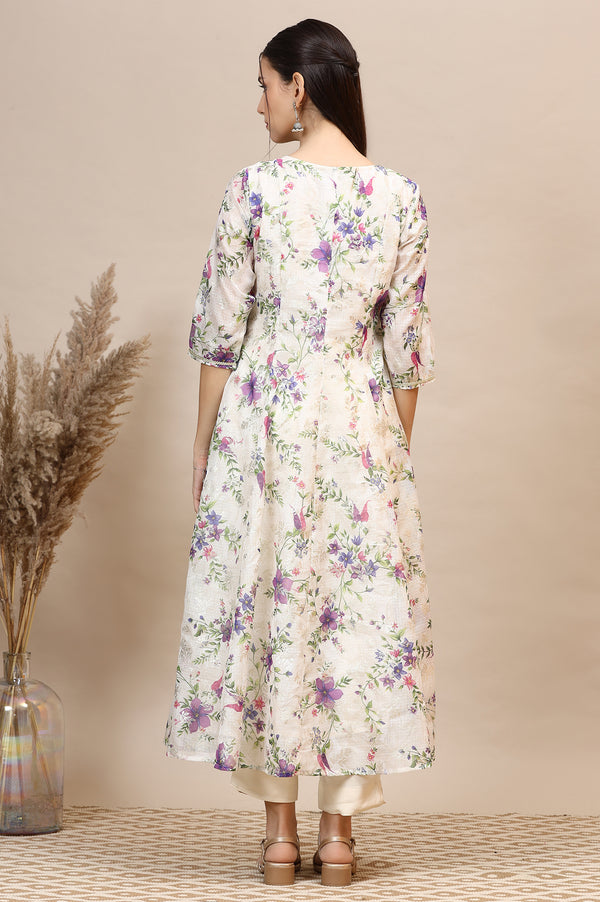 Cream Floral Printed Kota Anarkali Kurta with Lace