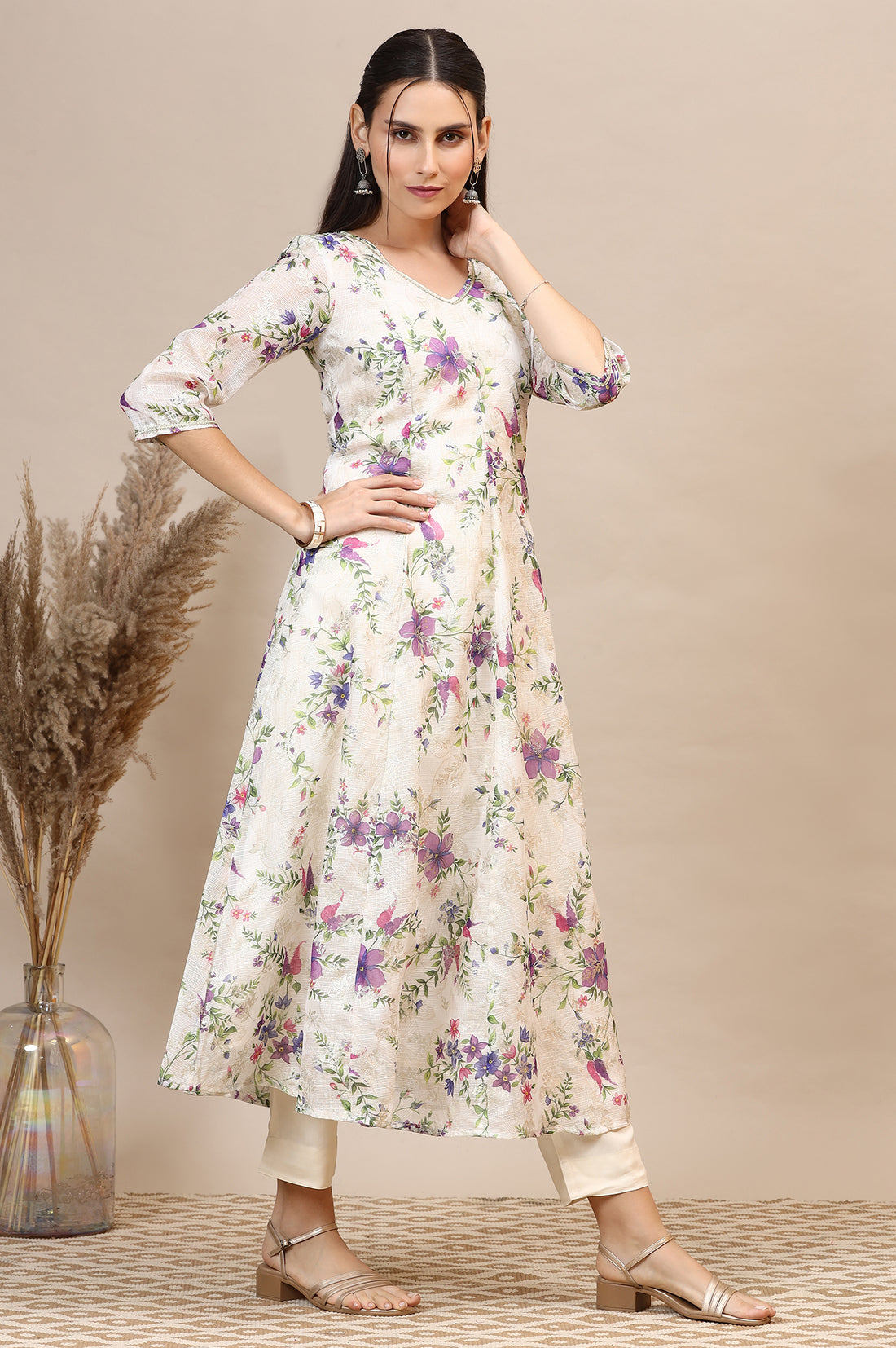 Cream Floral Printed Kota Anarkali Kurta with Lace