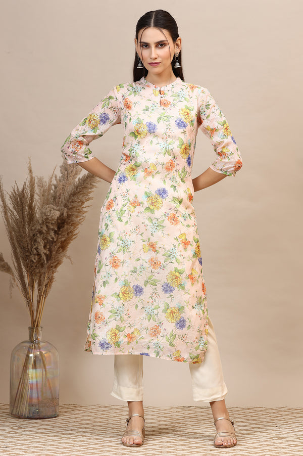 Peach Floral Printed Kota Straight Kurta