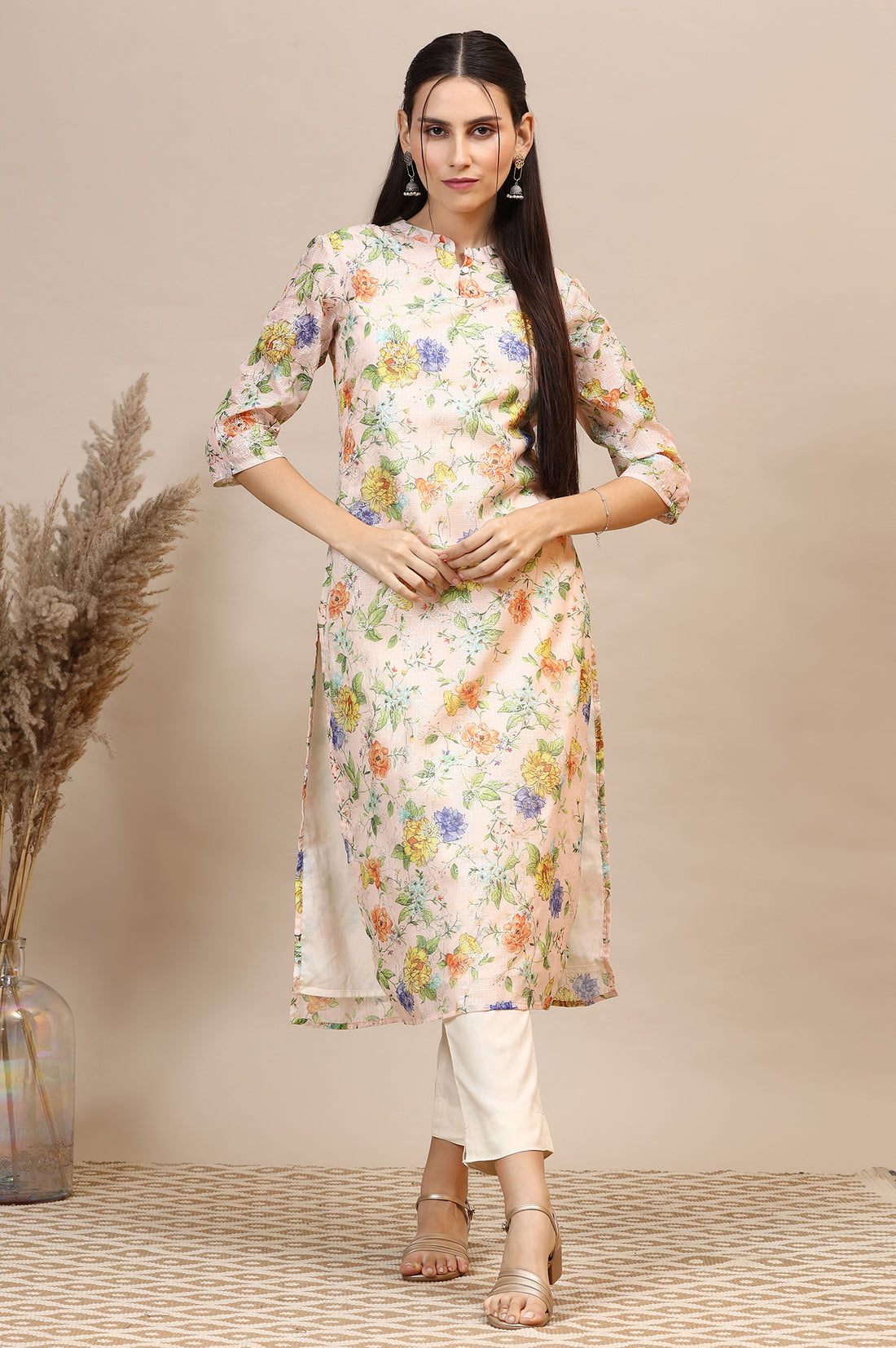 Peach Floral Printed Kota Straight Kurta
