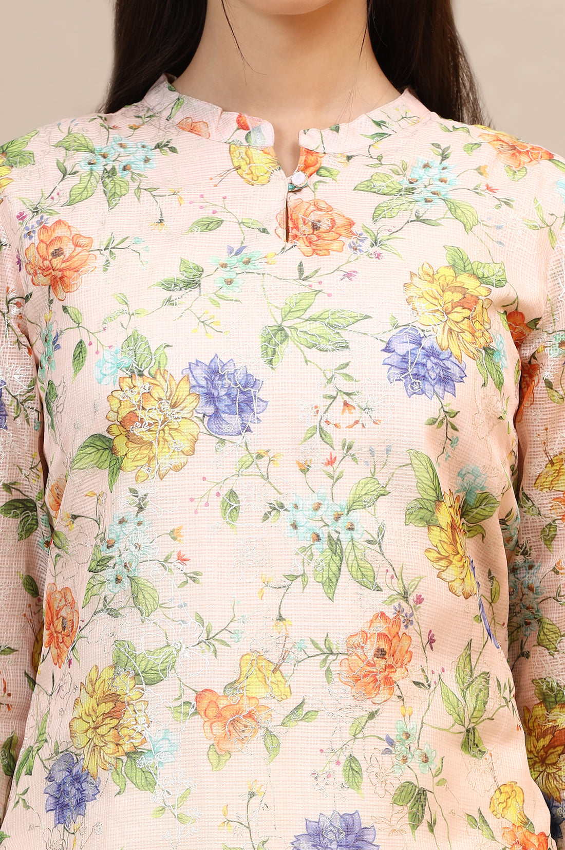 Peach Floral Printed Kota Straight Kurta