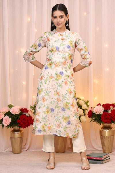 Peach Floral Printed Kota Straight Kurta