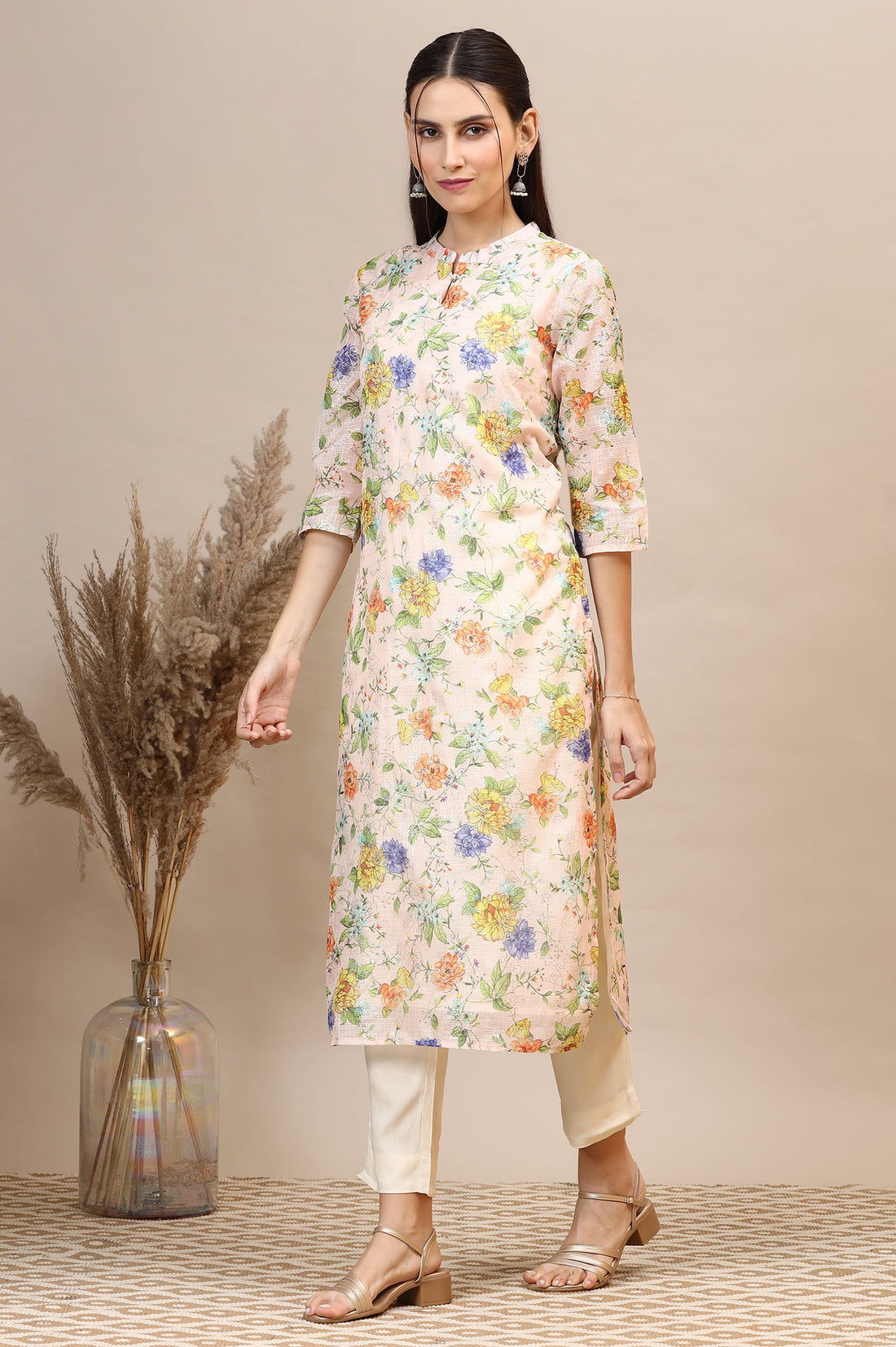 Peach Floral Printed Kota Straight Kurta