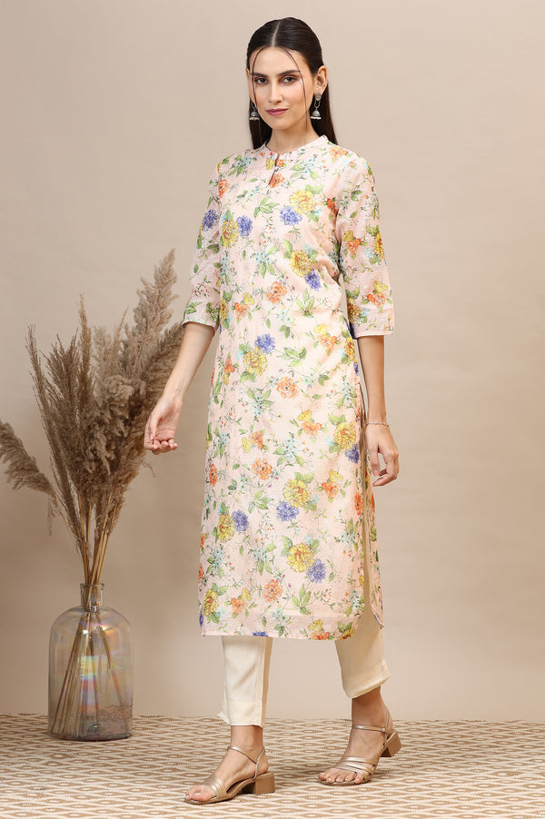 Peach Floral Printed Kota Straight Kurta