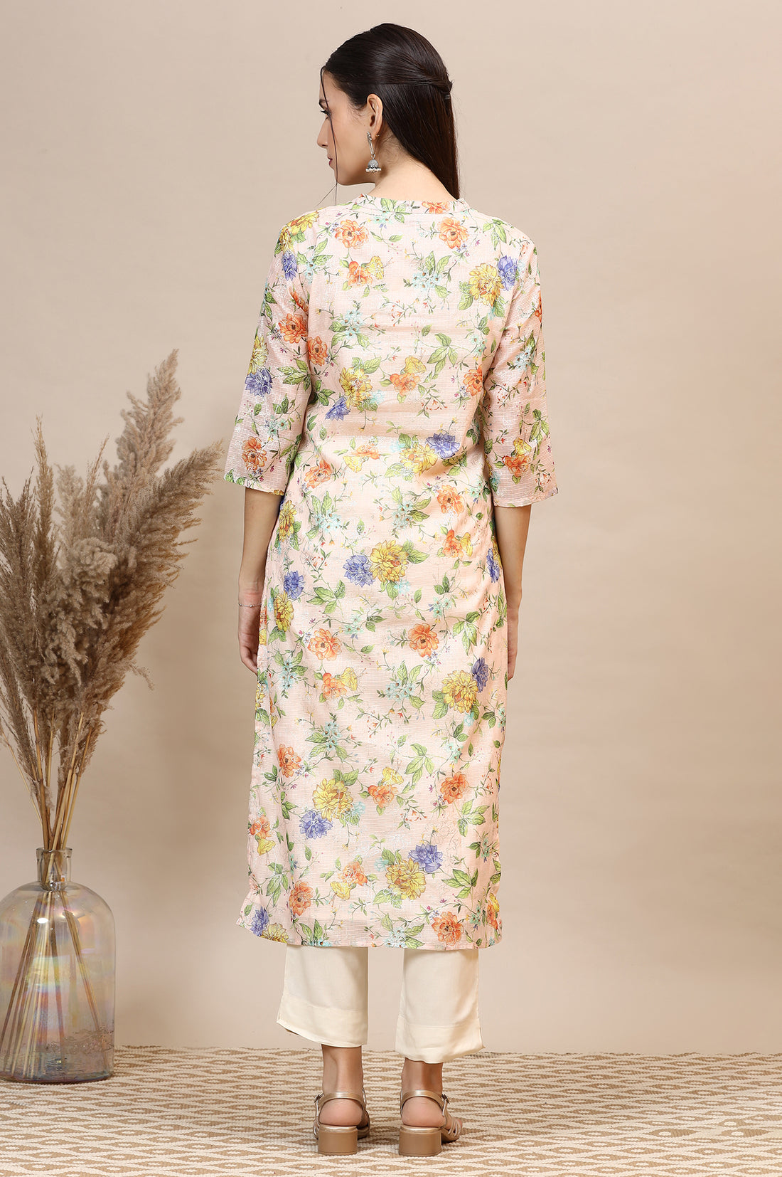 Peach Floral Printed Kota Straight Kurta