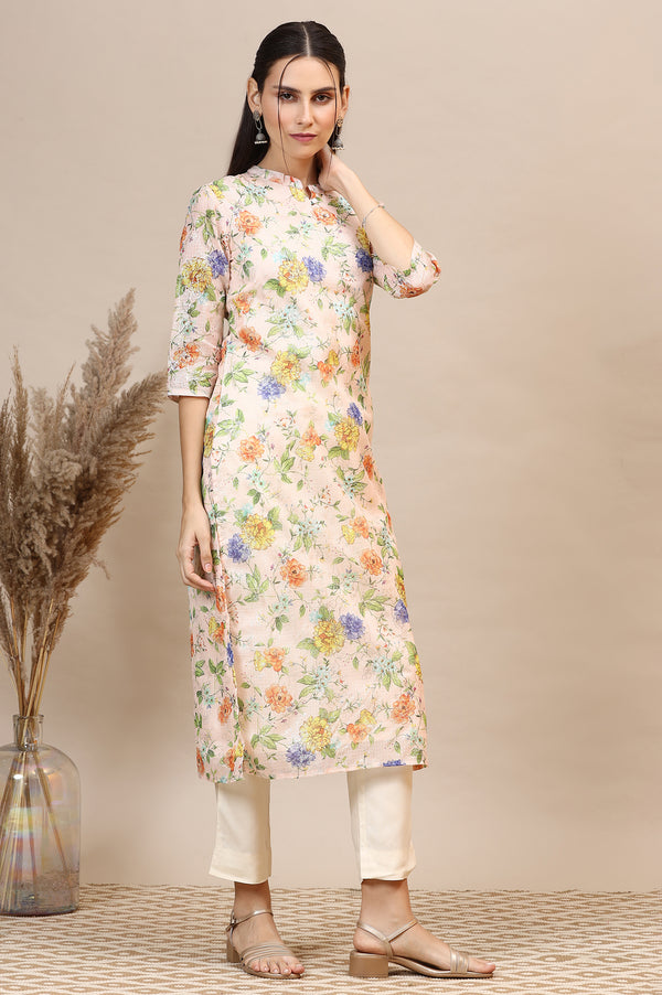 Peach Floral Printed Kota Straight Kurta