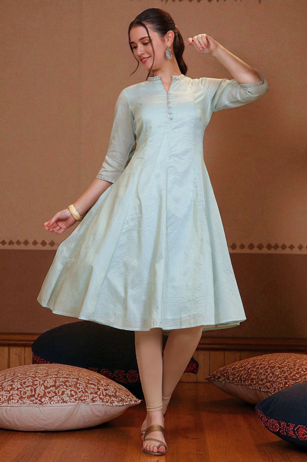 Mint Green Yarn Dyed Chanderi Lurex Anarkali Kurta with Zari Embroidery