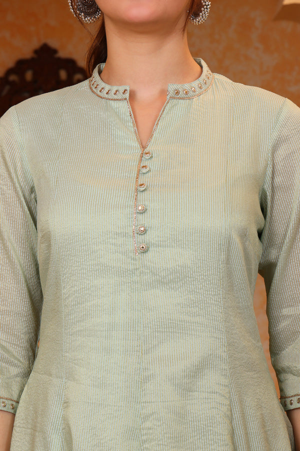 Mint Green Yarn Dyed Chanderi Lurex Anarkali Kurta with Zari Embroidery