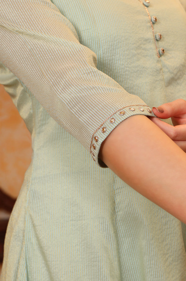 Mint Green Yarn Dyed Chanderi Lurex Anarkali Kurta with Zari Embroidery