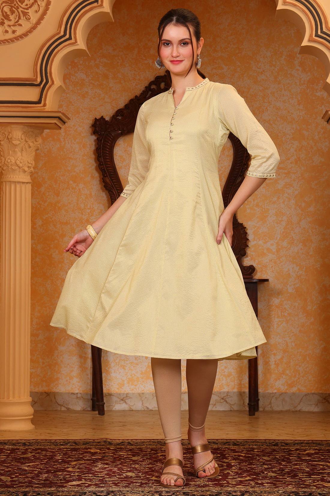 Yellow Yarn Dyed Chanderi Lurex Anarkali Kurta with Zari Embroidery