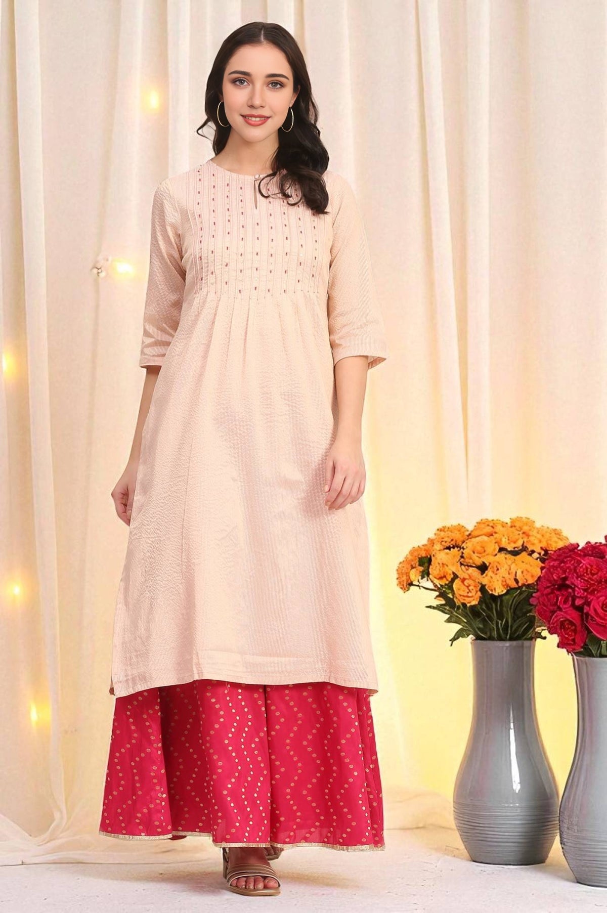 Pink Bead Embellished Chanderi Lurex Straight Kurta - XS