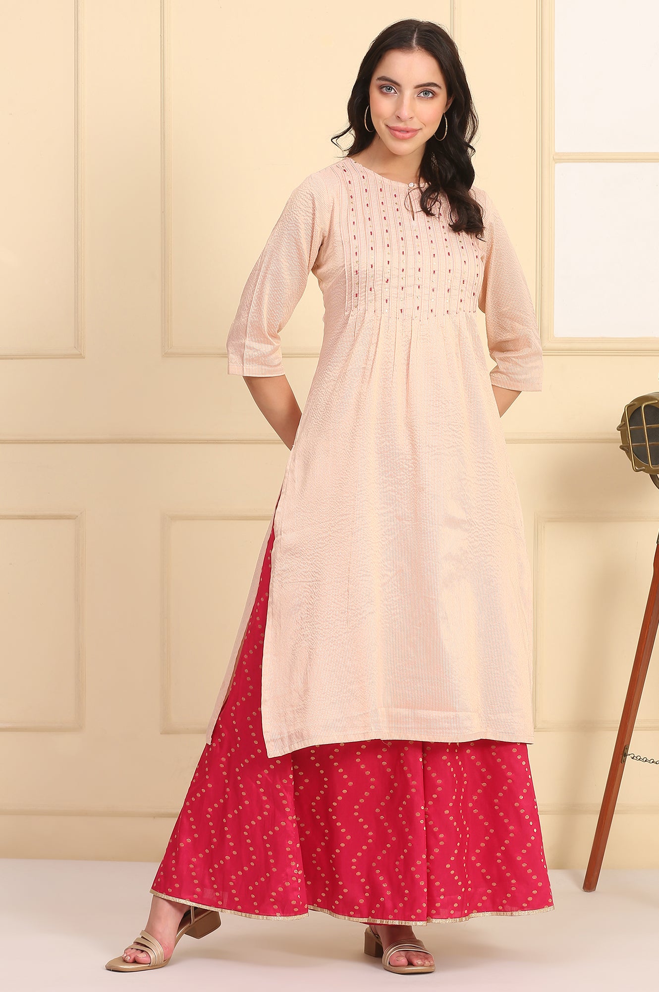 Pink Bead Embellished Chanderi Lurex Straight Kurta