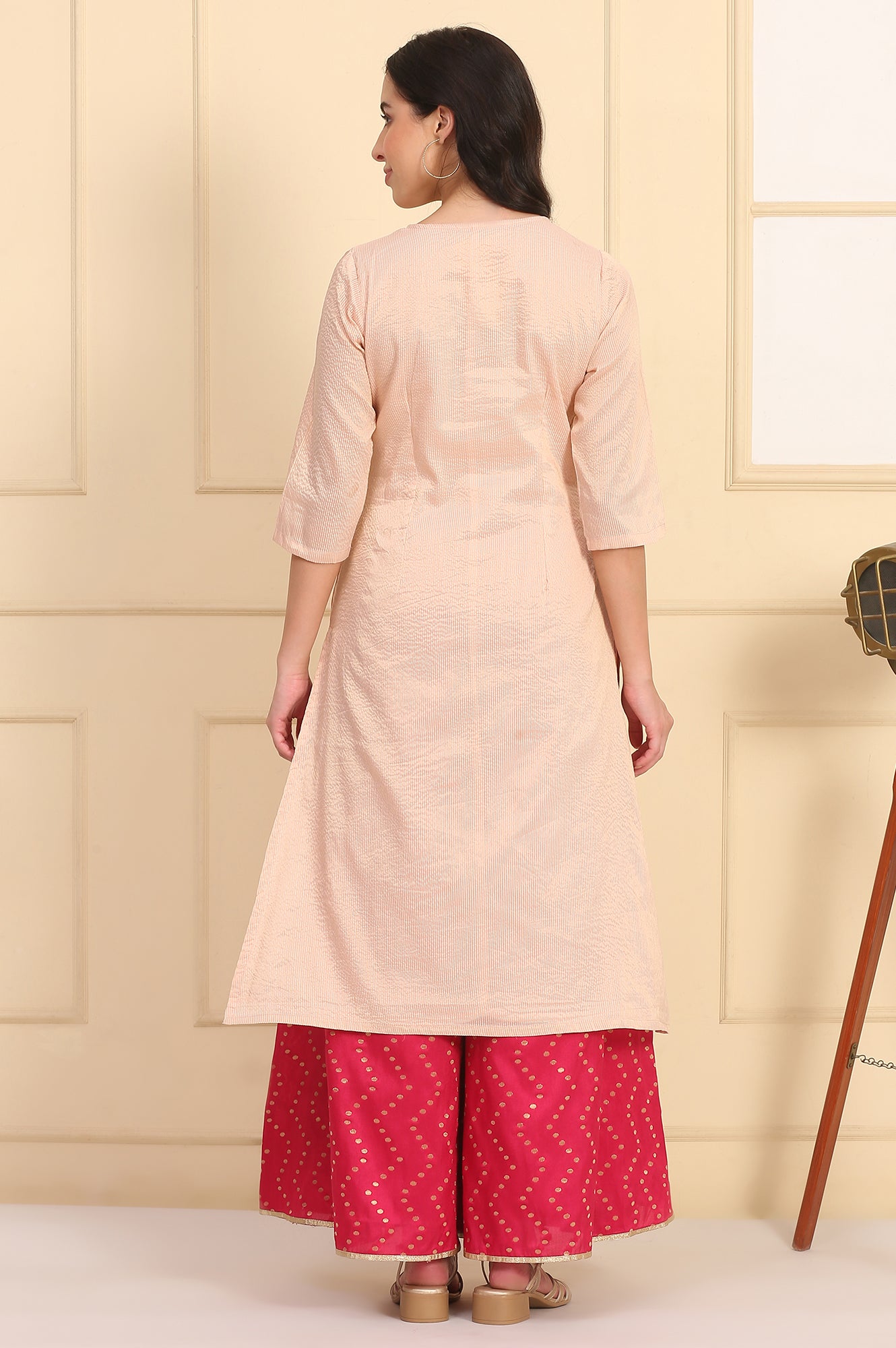 Pink Bead Embellished Chanderi Lurex Straight Kurta
