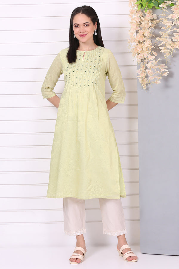 Green Beaded Straight Chanderi Lurex Kurta