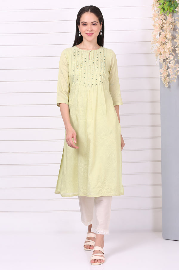 Green Beaded Straight Chanderi Lurex Kurta