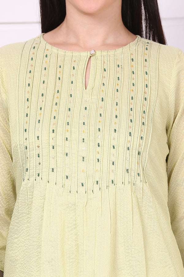 Green Beaded Straight Chanderi Lurex Kurta